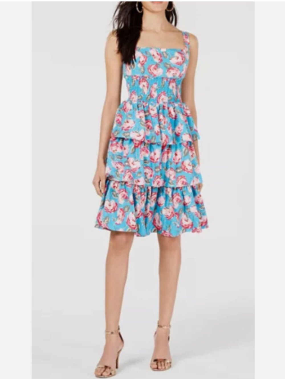 Betsey Johnson Blue Floral Tiered Mini Dress with Pink Roses - Picture 5 of 6